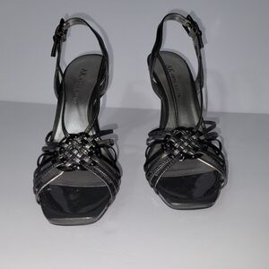 Anne Klein Women's Heel Open Toe sling back Strap Dark Silver Patent y2k Sandals